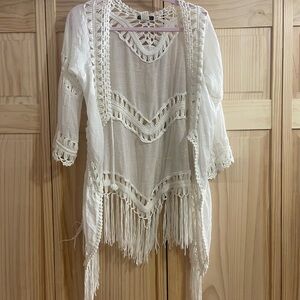 White Crochet Fringe Women Top